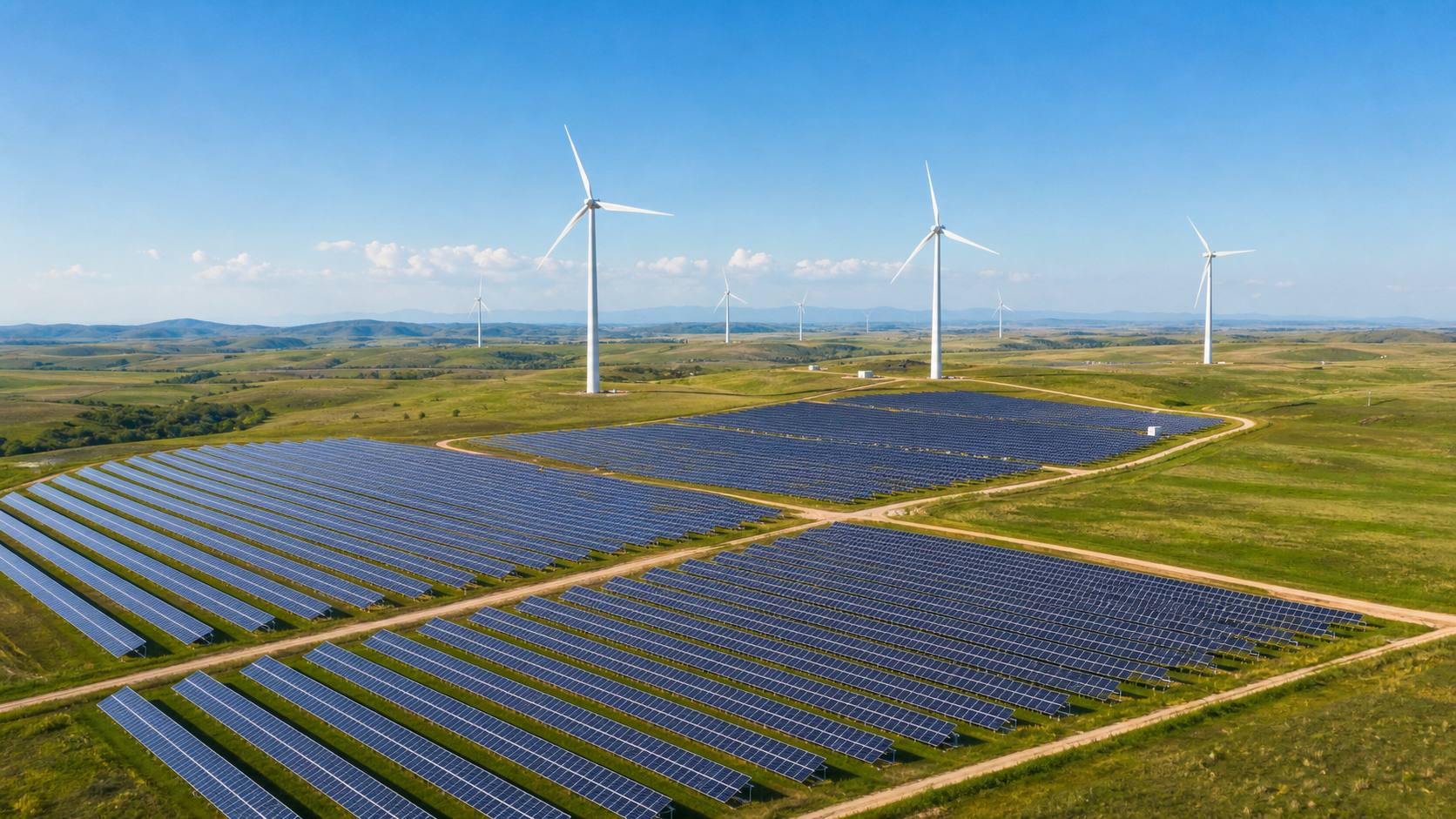 Solar panels and wind turbines on renewable energy land